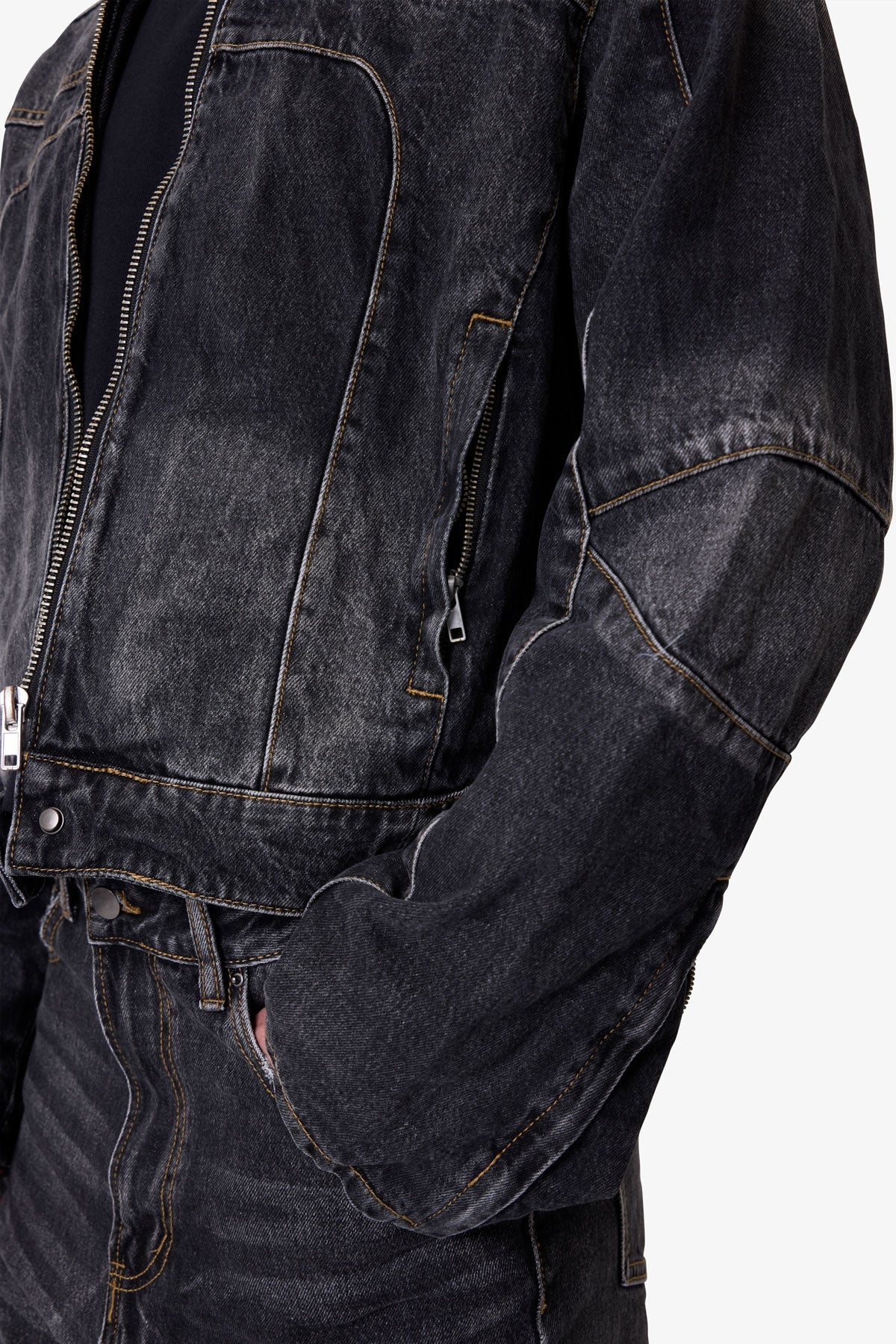 Paneled Moto Denim Jacket - Washed Black