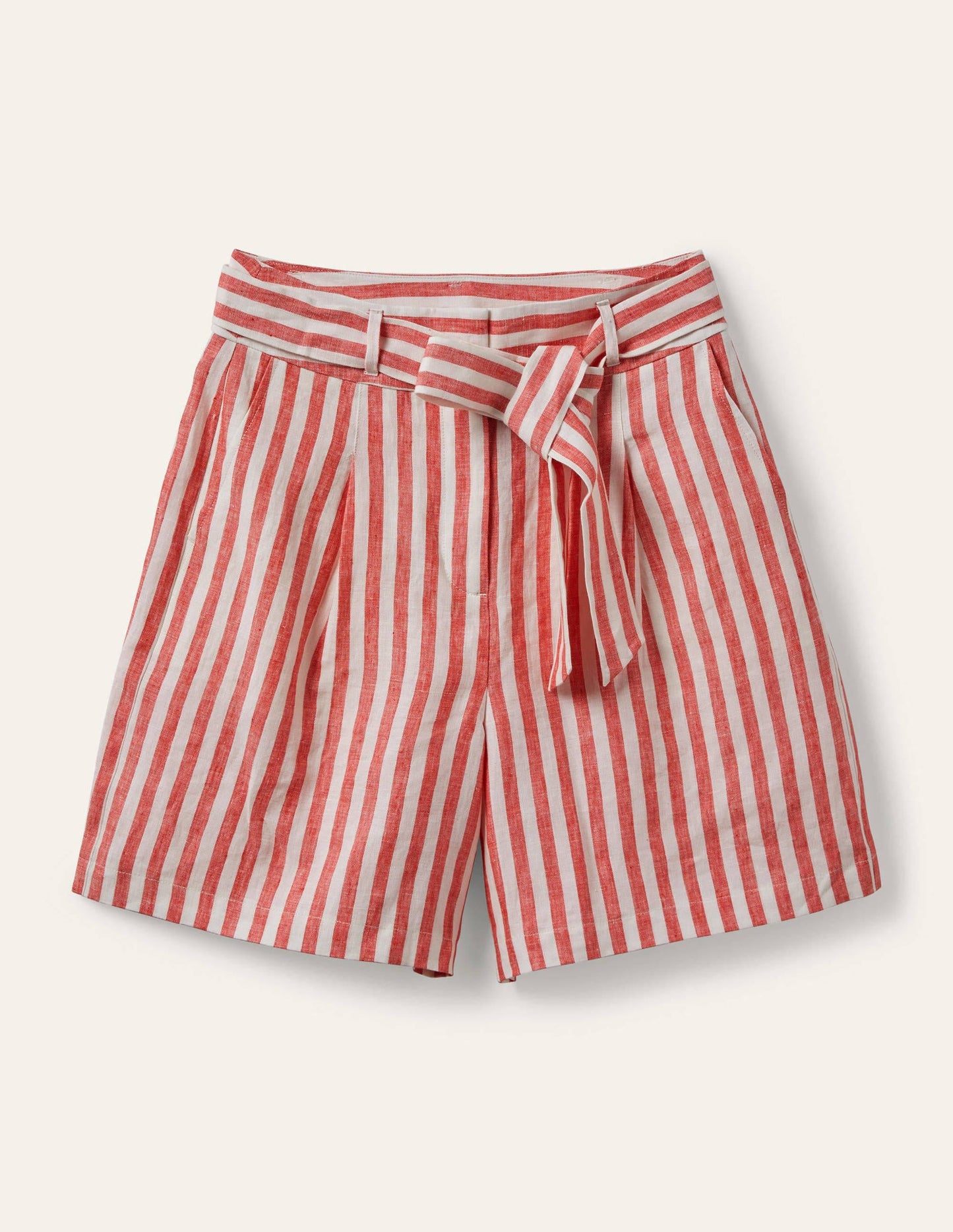 Alma Tie Waist Linen Shorts-Cherry Red Stripe