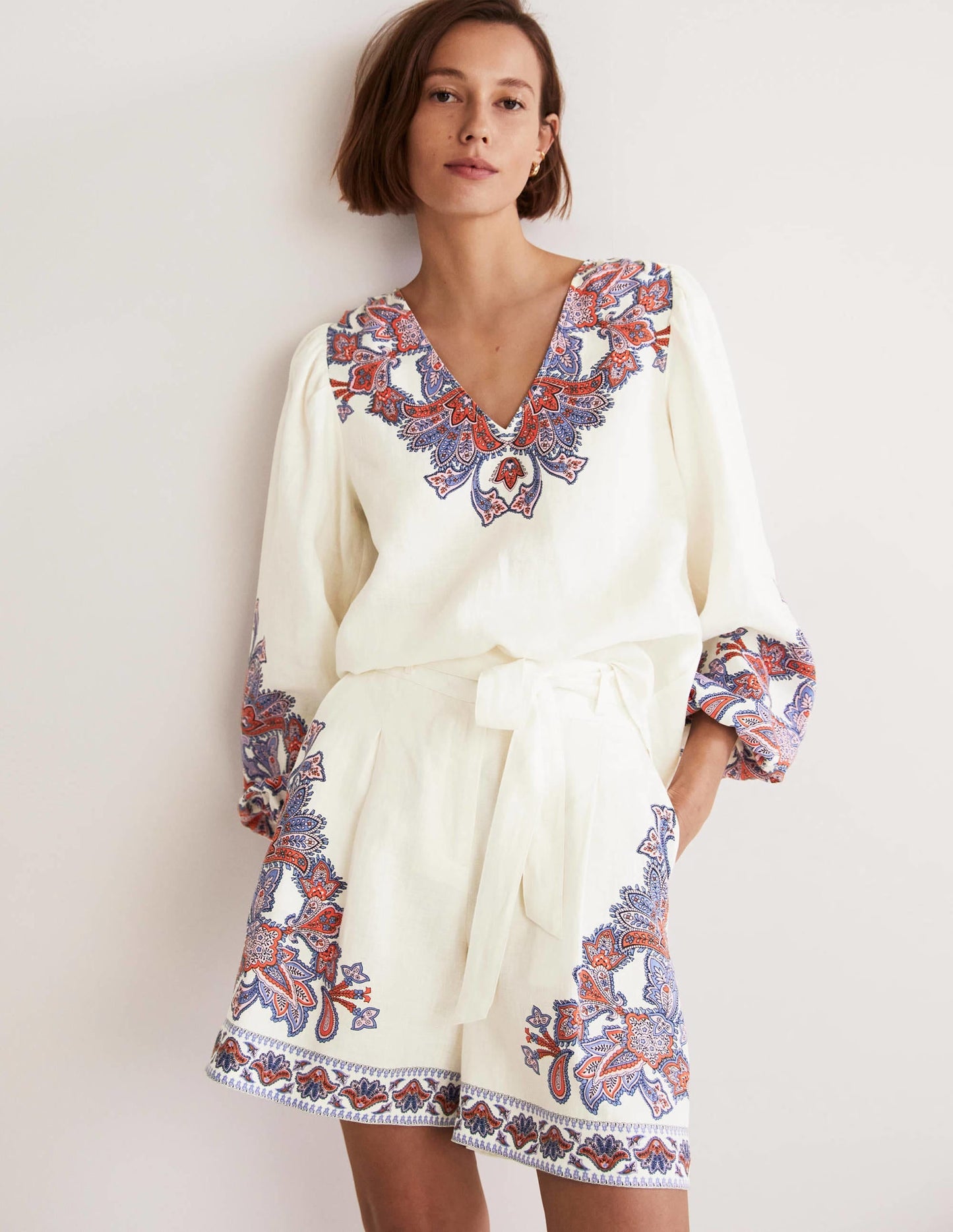 Alma Tie Waist Linen Shorts-Ivory, Paisley Bud