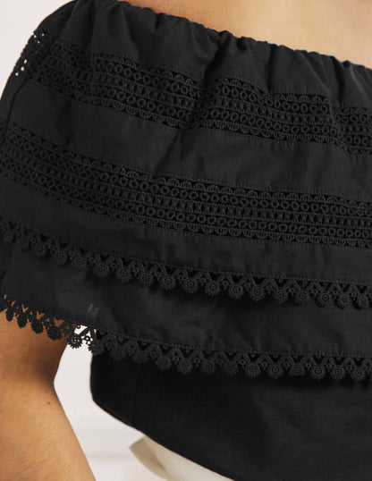 Bardot Woven Mix Detail Top-Black