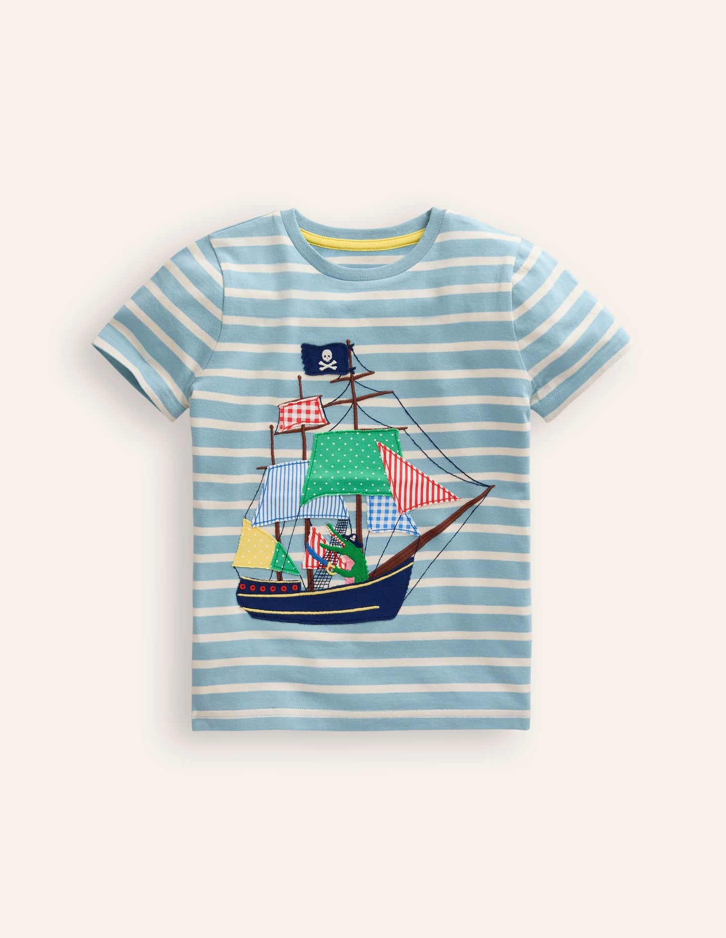 Appliqué Pirate Ship T-shirt-Vintage Blue/ Ivory Stripe