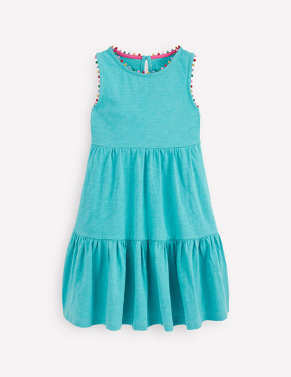 Ali Pom Trim Jersey Dress-Caribbean Blue