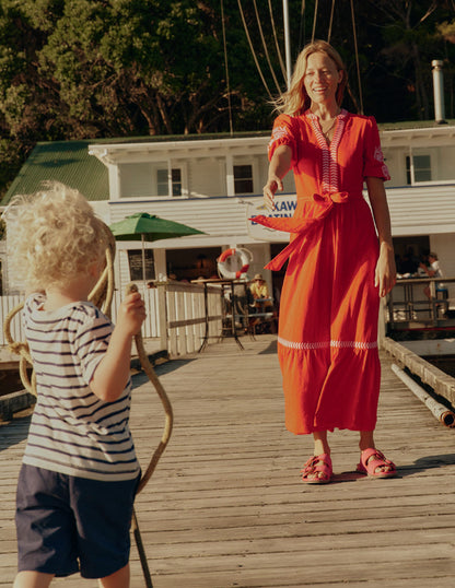 Amara Embroidered Jersey Dress-Poppy Red, Pink Peony