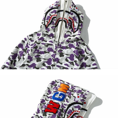 Bathing Ape Hoodie Shark with Camo Hooded Cardigan Zip Sweater Double Hat Jacket