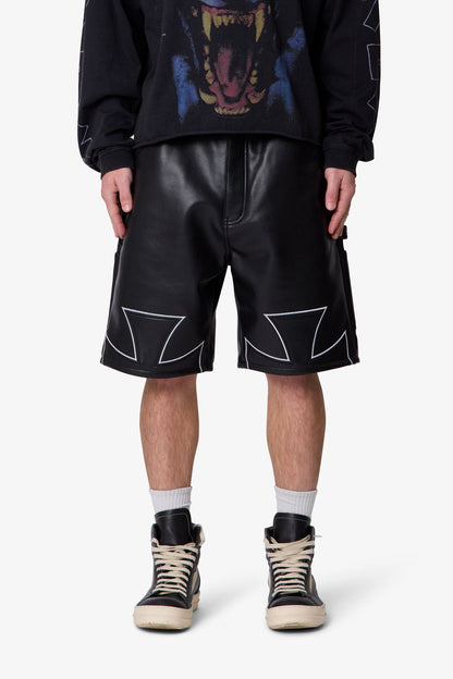 Baggy Iron Cross Leather Shorts - Black