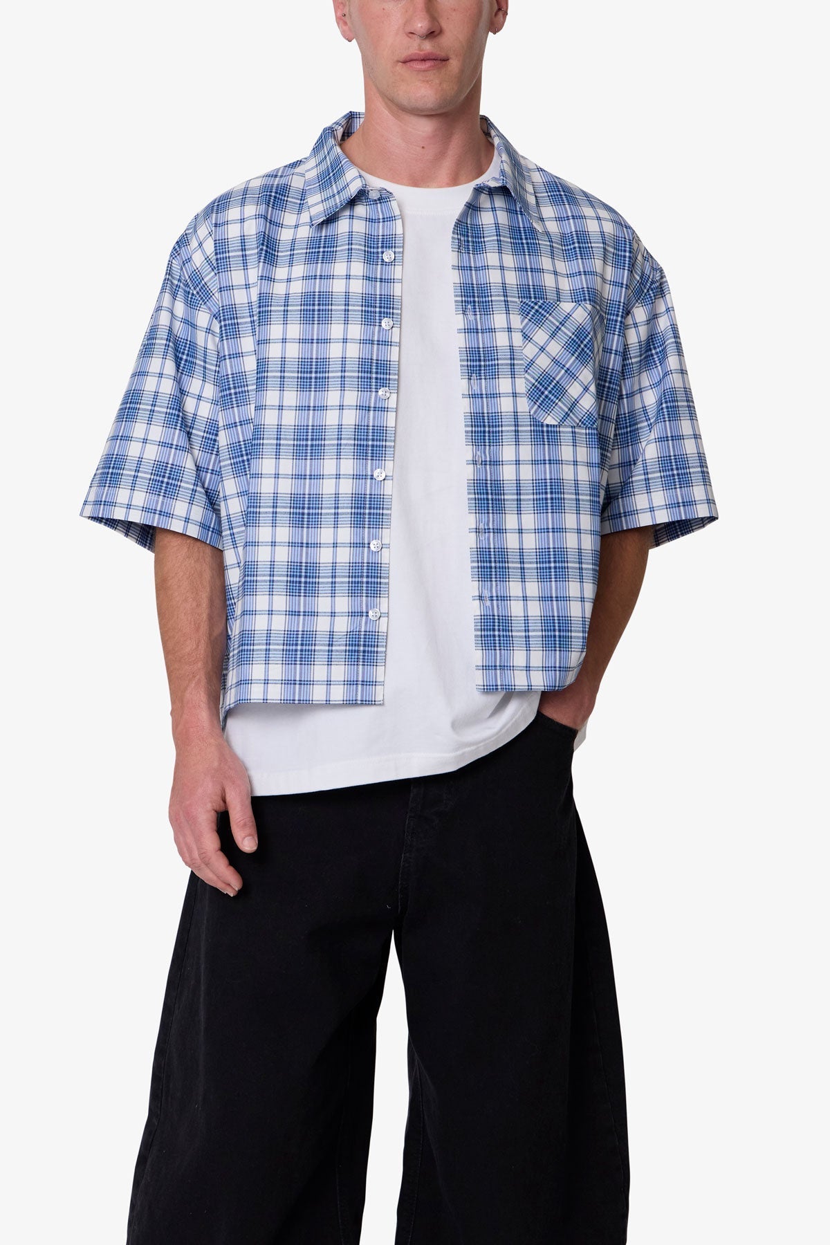 Crop Flannel S/S Shirt - Blue