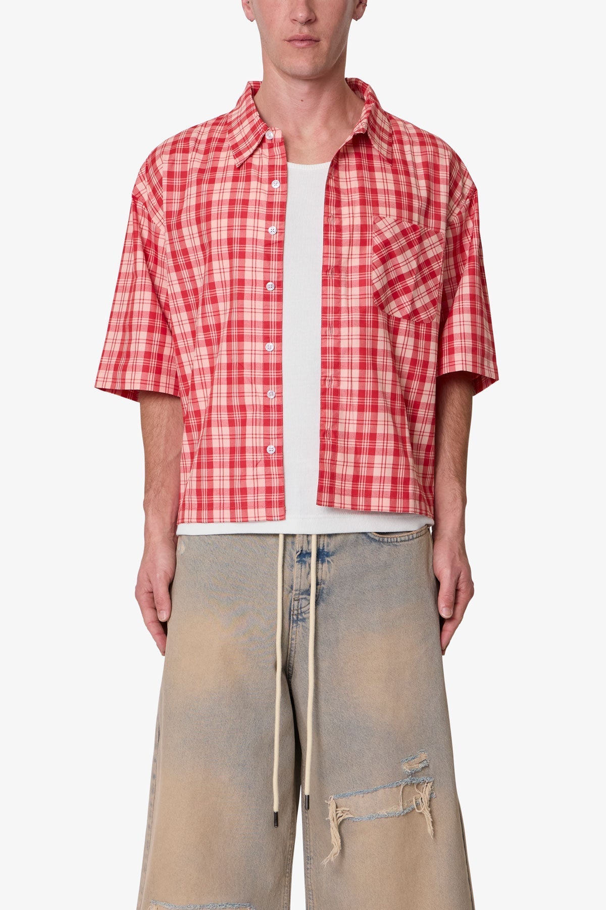Crop Flannel S/S Shirt - Red