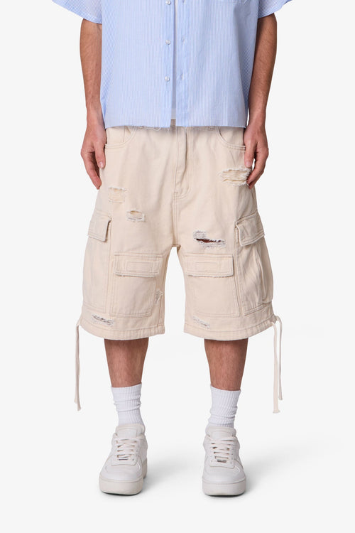 Distressed Baggy Cargo Shorts - Off White