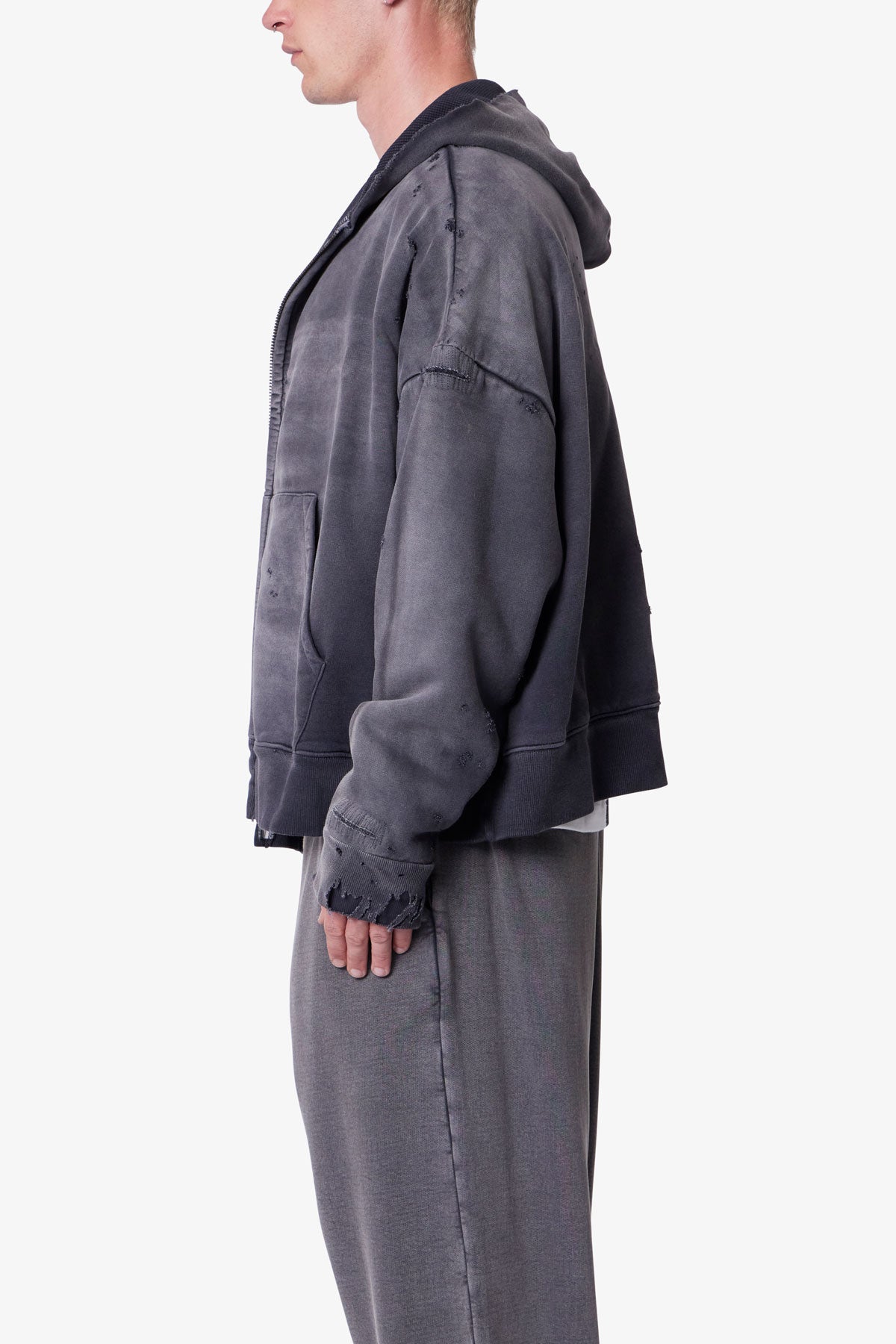 Distressed Thermal Lined Hoodie - Black