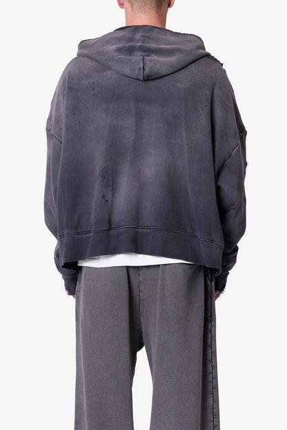 Distressed Thermal Lined Hoodie - Black