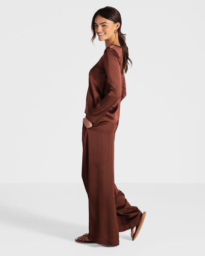 Daisy Elastic Waist Satin Pants | Auburn