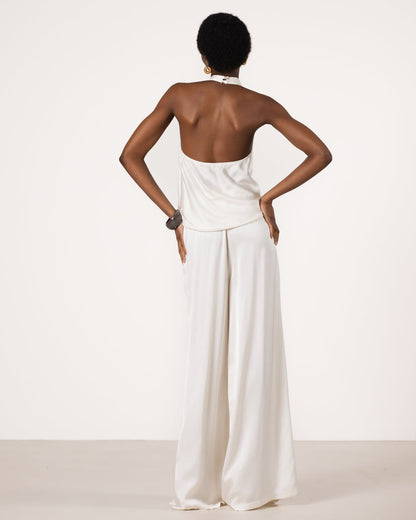 Giselle Elastic High Waist Satin Trousers | Ivory