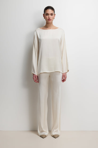 Genet Elastic Waist Bias Satin Trousers | Ivory
