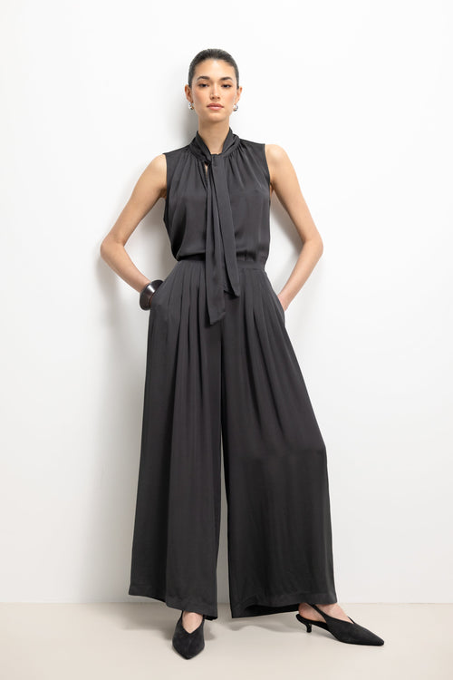 Arden Pleated Elastic Waist Satin Trousers | Anthracite
