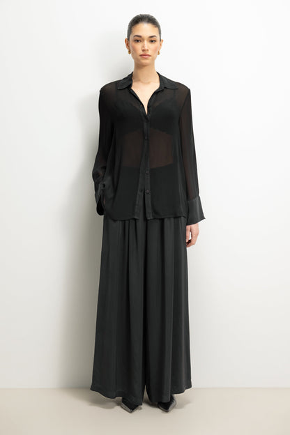 Arden Pleated Elastic Waist Satin Trousers | Black