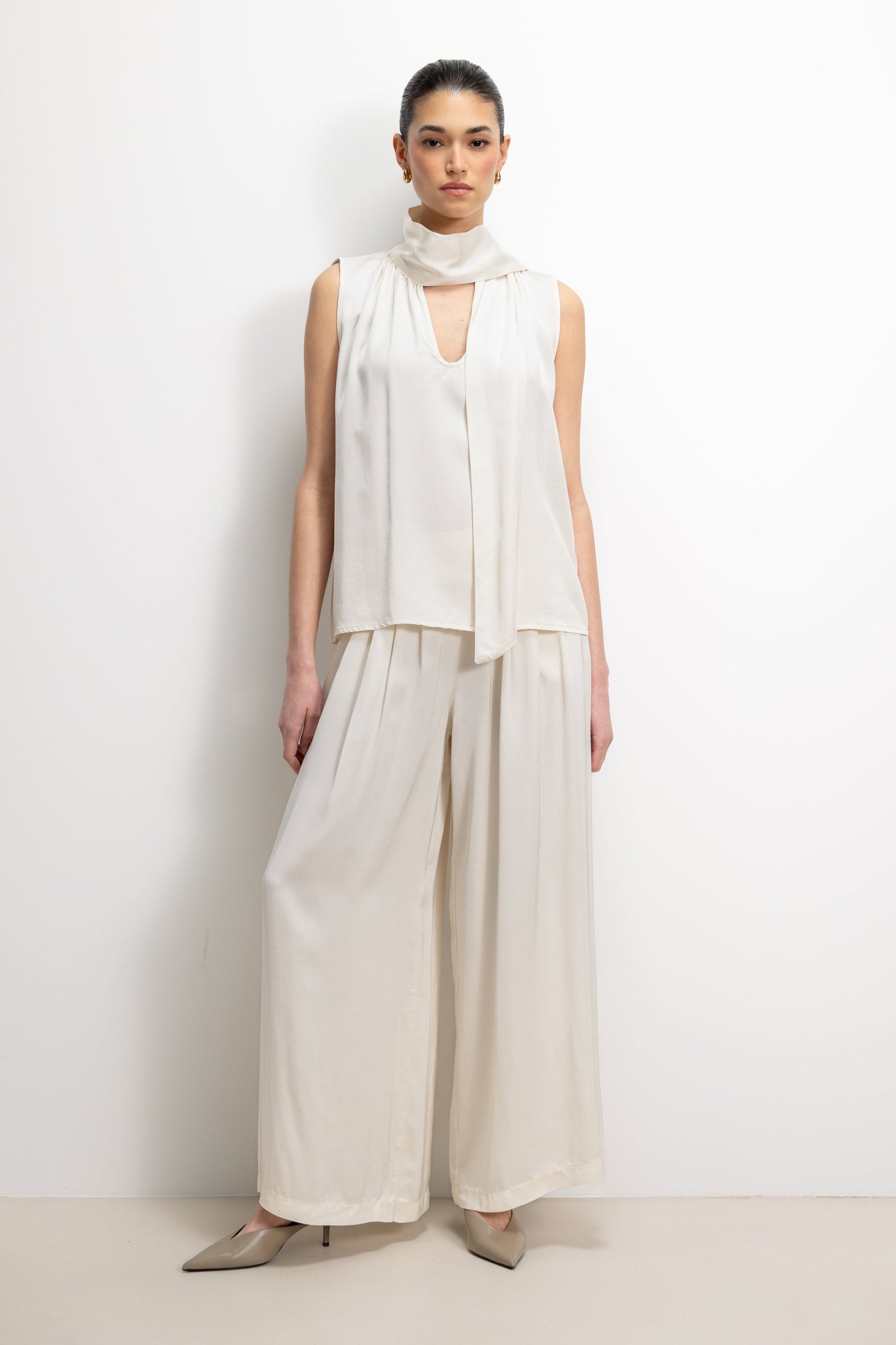Lyanne Bow Neck Tie Satin Blouse | Ivory