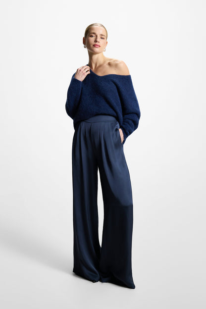 Claudia Elastic Waist Satin Trousers | Ink