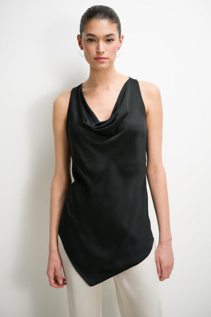 Les Asymmetric Cowl Neck Satin Top | Black