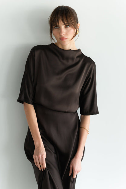 Genevieve Back Tie Satin Top | Espresso Brown