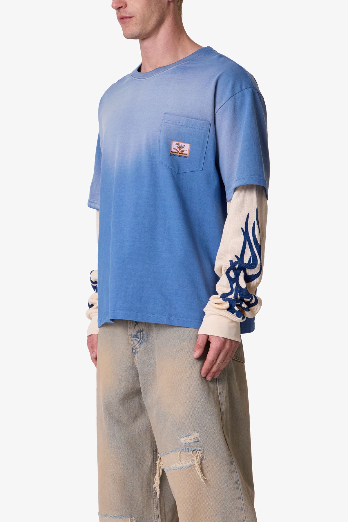 Layered Flame Pocket L/S Tee - Washed Blue