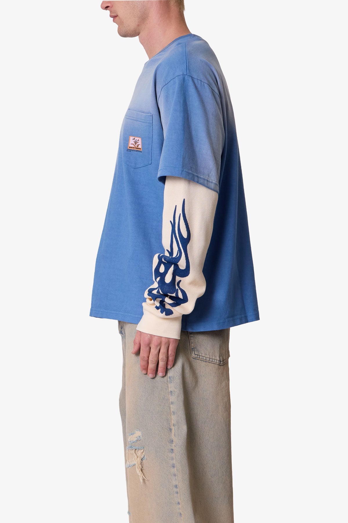 Layered Flame Pocket L/S Tee - Washed Blue