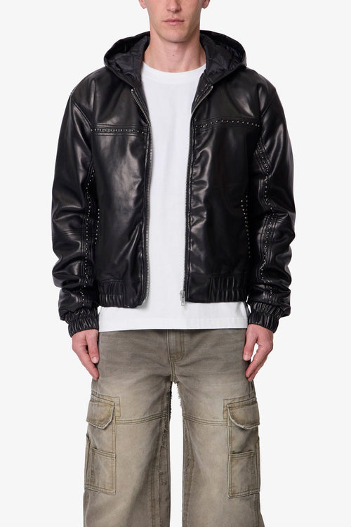 Leather Hooded Stud Jacket - Black