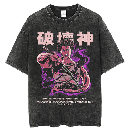 Anime printing, washed Japanese retro t-shirt short-sleeved men