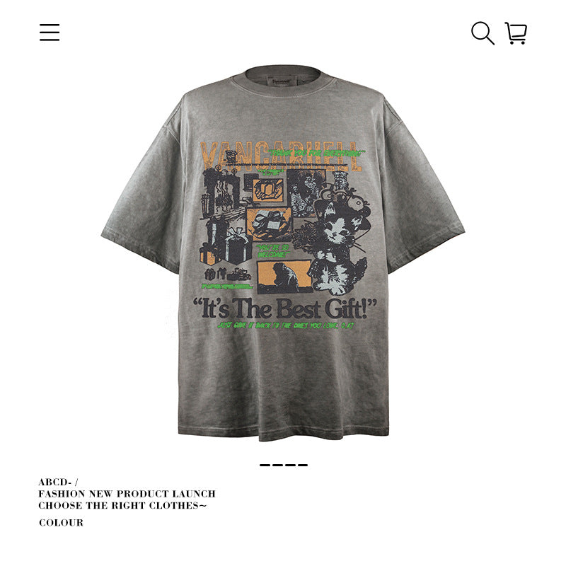 American vintage street T-shirt pure cotton retro men's and women's summer loose