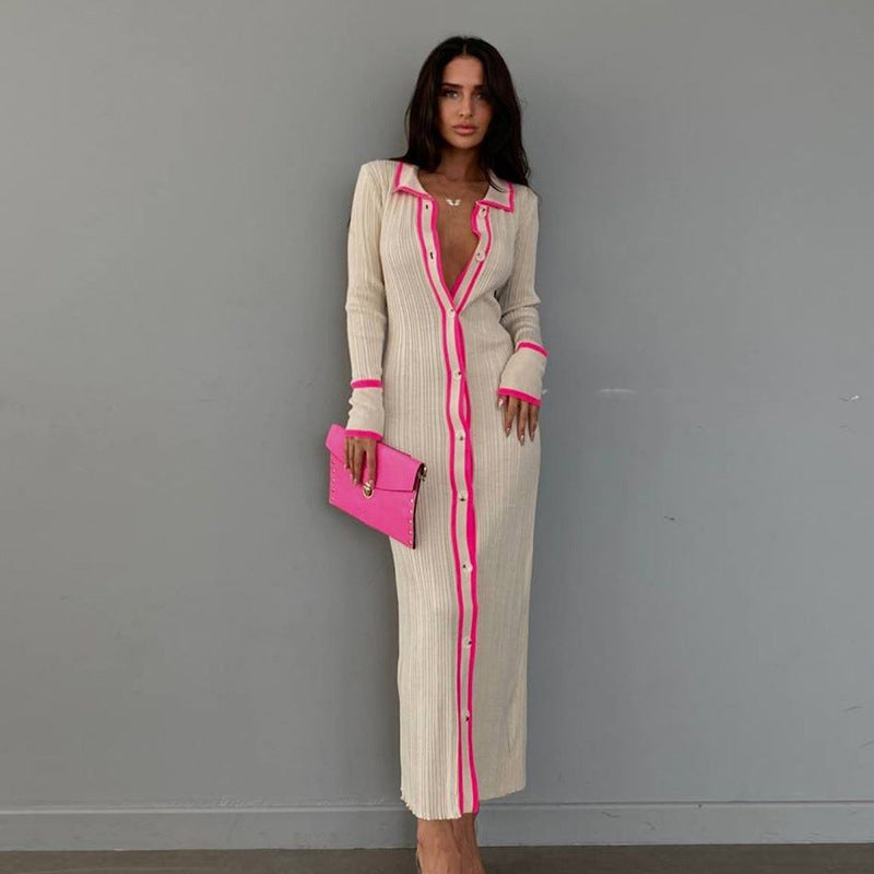 Beach Sweater Dress Slim Lapel Long Sleeve Cardigan Dress