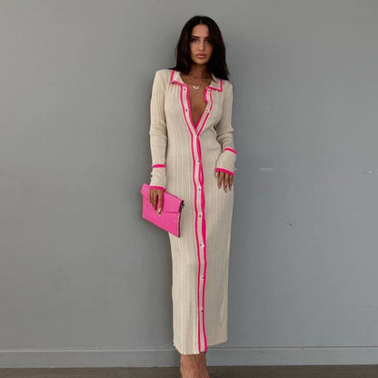 Beach Sweater Dress Slim Lapel Long Sleeve Cardigan Dress