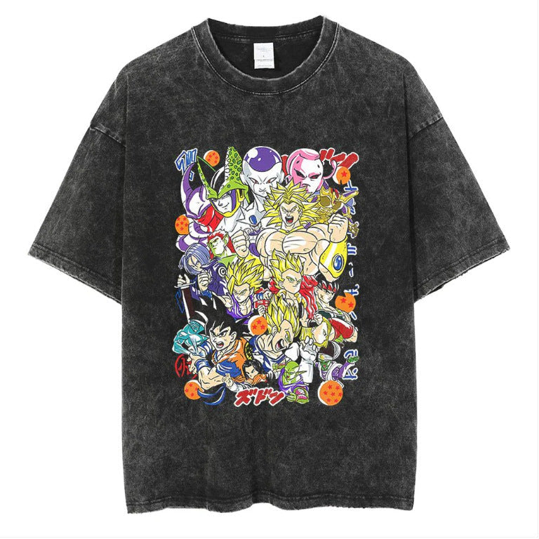 Anime cartoon dragon ball vintage wash print short sleeve t-shirt