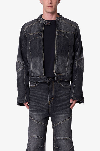 Paneled Moto Denim Jacket - Washed Black