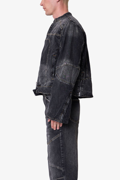 Paneled Moto Denim Jacket - Washed Black