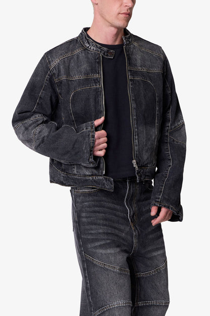 Paneled Moto Denim Jacket - Washed Black