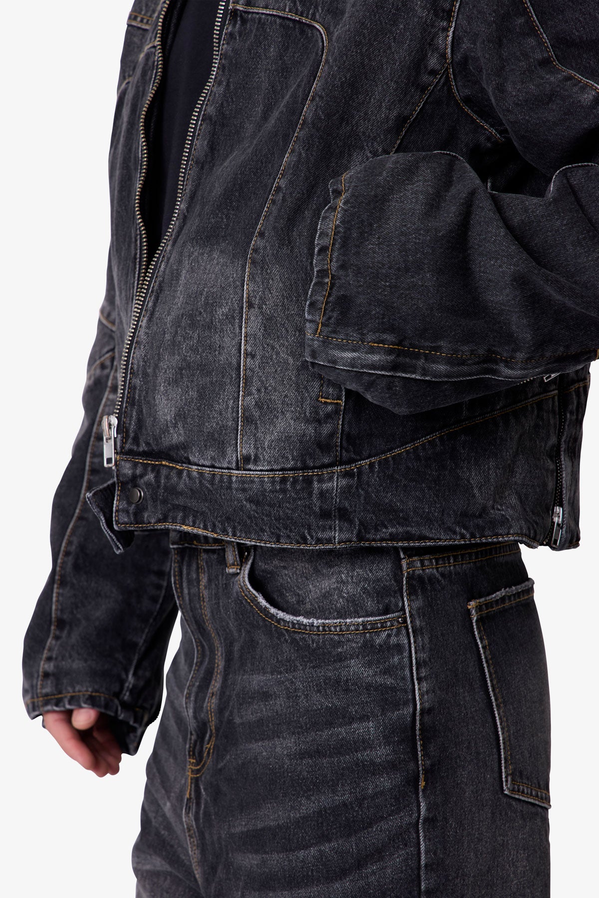 Paneled Moto Denim Jacket - Washed Black