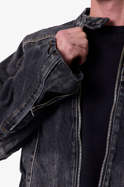 Paneled Moto Denim Jacket - Washed Black