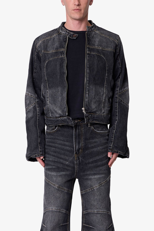 Paneled Moto Denim Jacket - Washed Black
