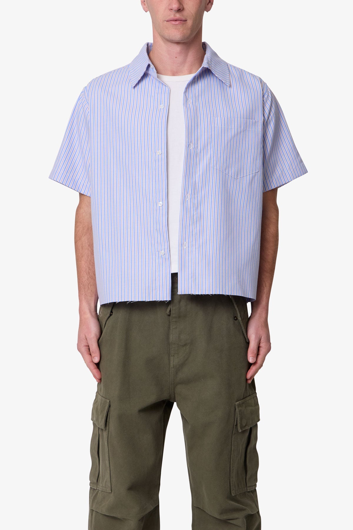 Striped Poplin Cropped S/S Shirt - Blue