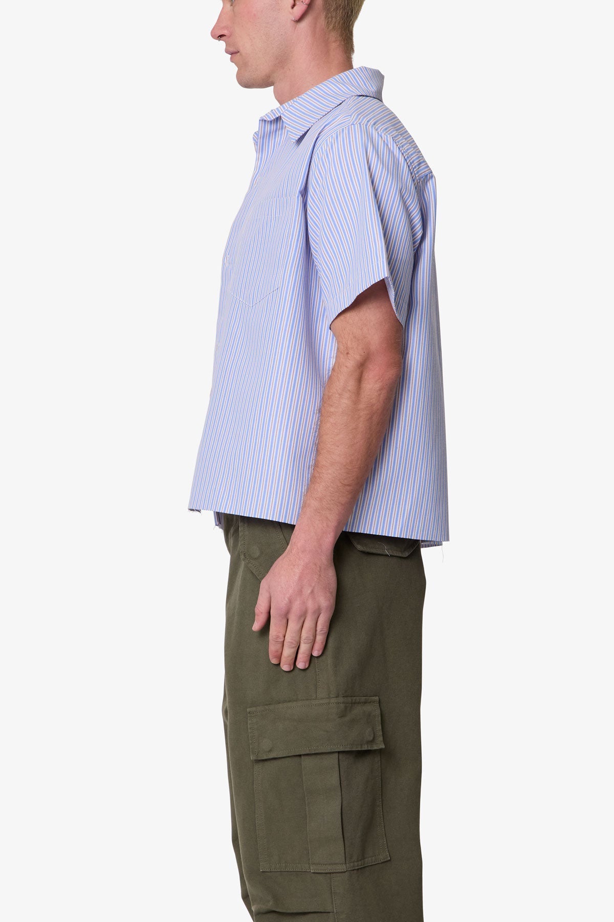 Striped Poplin Cropped S/S Shirt - Blue