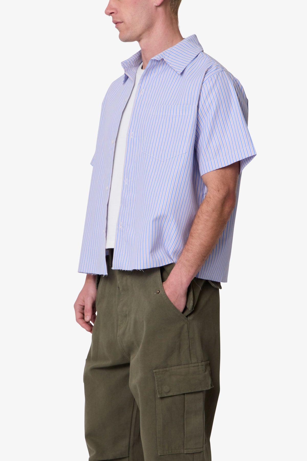Striped Poplin Cropped S/S Shirt - Blue