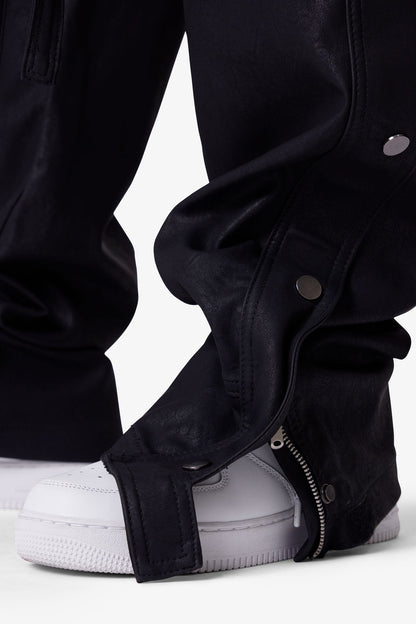 Ultra Baggy Leather Snap Cargo Pants - Black