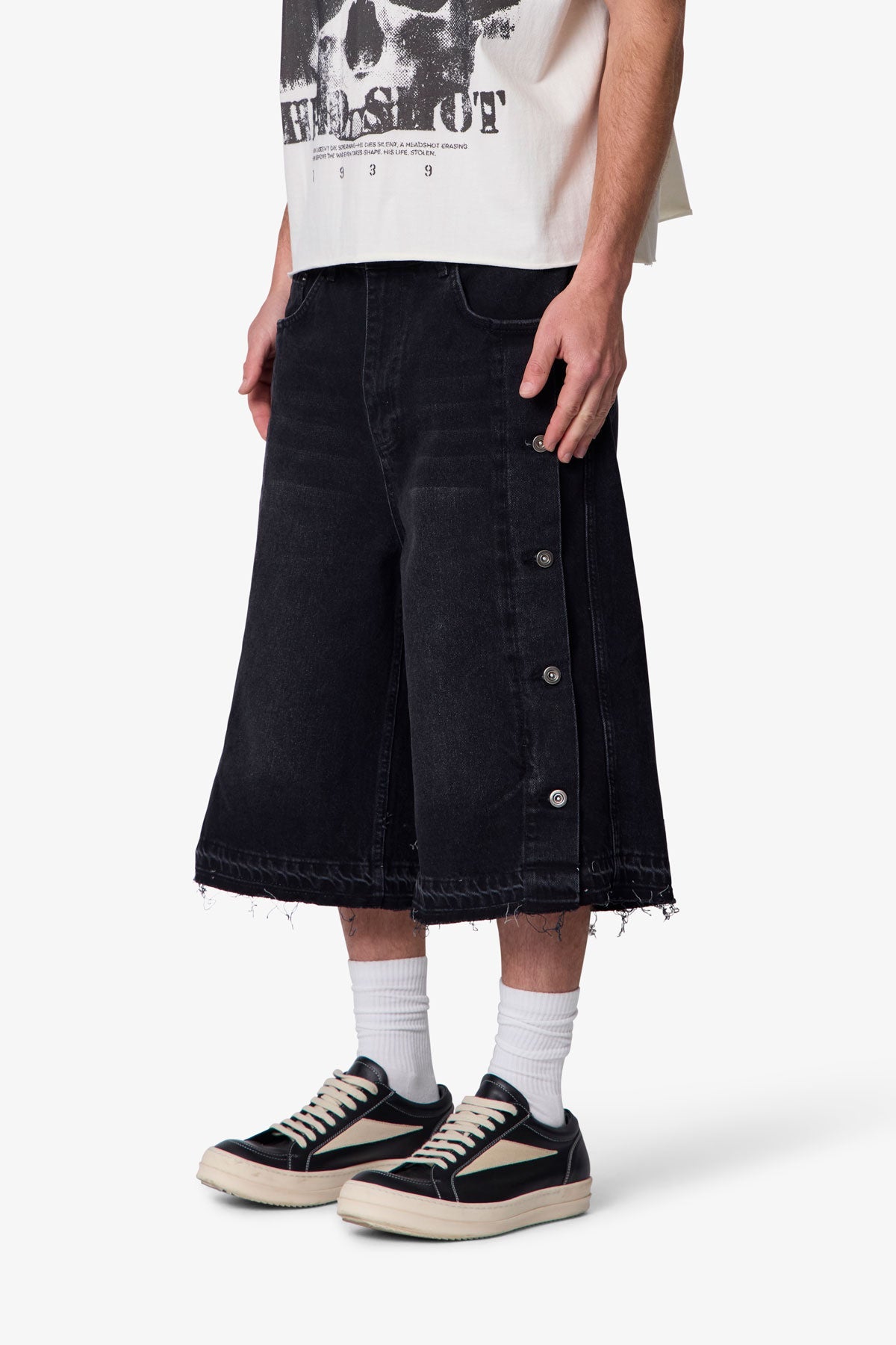 Ultra Baggy Offset Button Denim Shorts - Black
