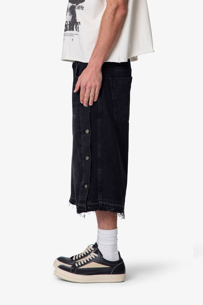 Ultra Baggy Offset Button Denim Shorts - Black