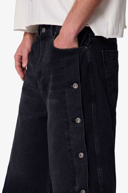 Ultra Baggy Offset Button Denim Shorts - Black