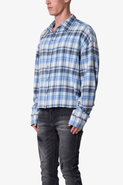 Washed Cropped Flannel Shirt - Blue