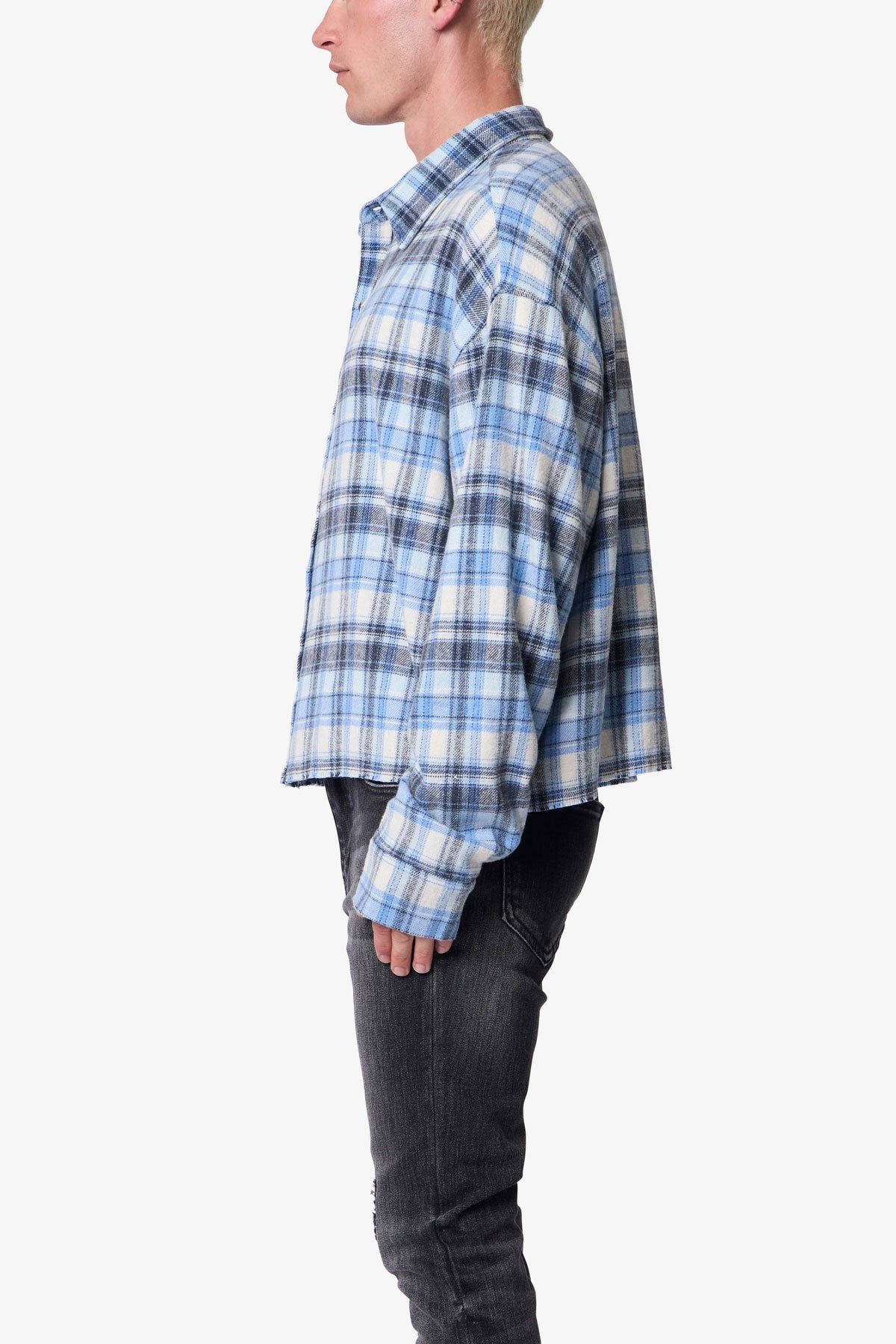 Washed Cropped Flannel Shirt - Blue