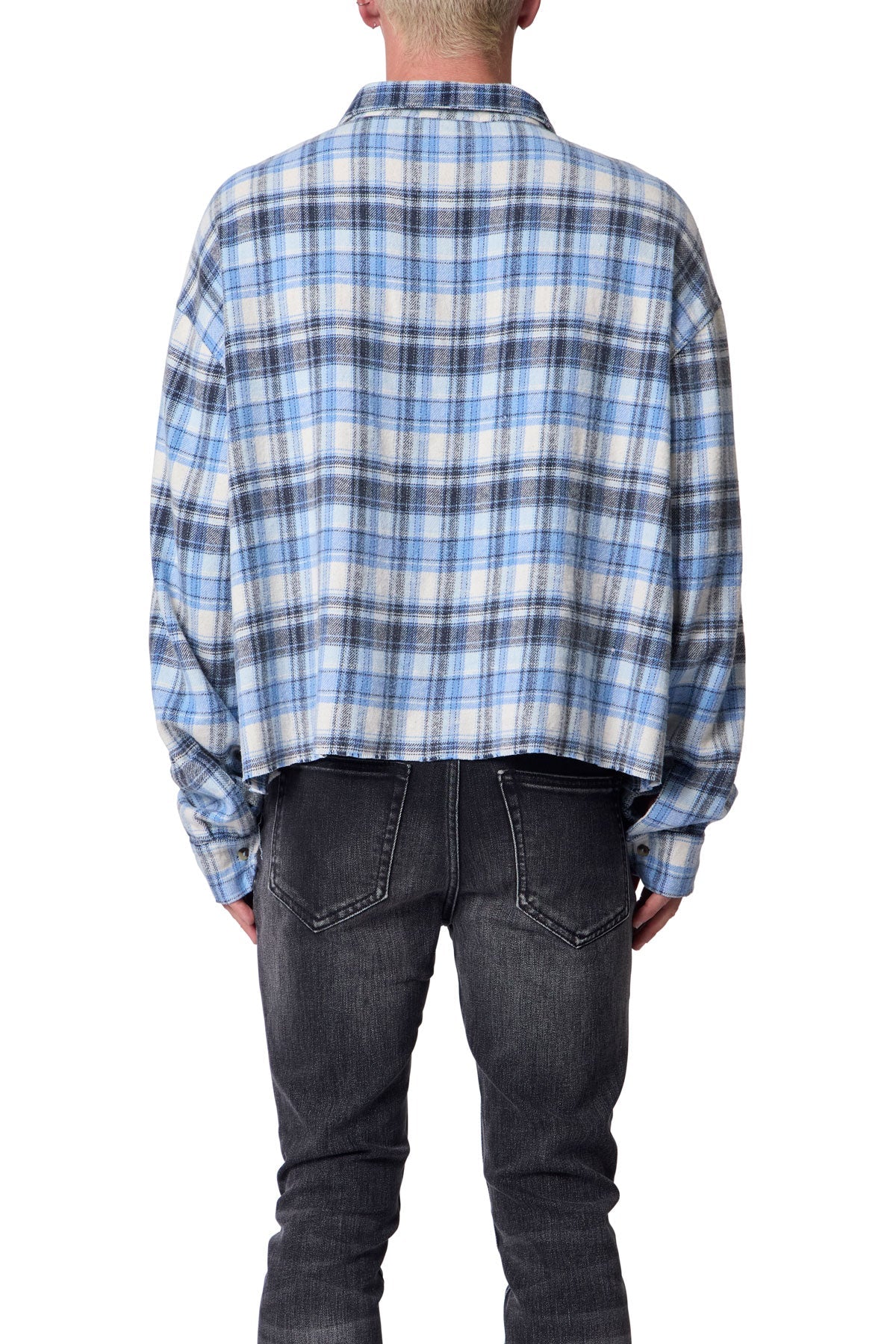 Washed Cropped Flannel Shirt - Blue