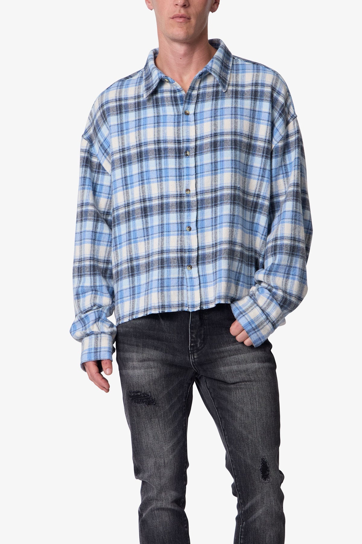 Washed Cropped Flannel Shirt - Blue