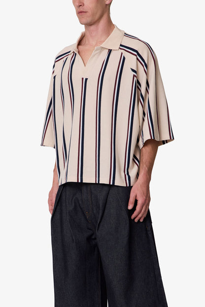 Wide Striped S/S Polo Shirt - Navy/Natural/Red