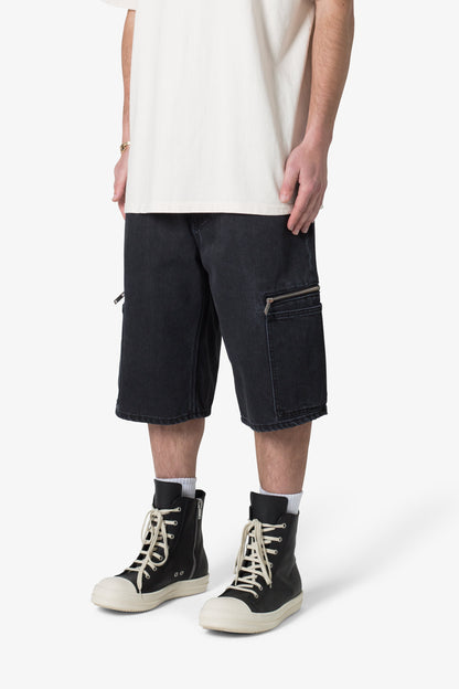 Zipper Baggy Denim Shorts - Black